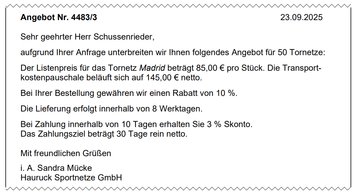 Angebotsschreiben für Tornetze mit Preisangaben und Lieferbedingungen